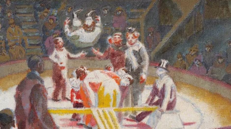 Detail of a painting of circus performers in a big top.